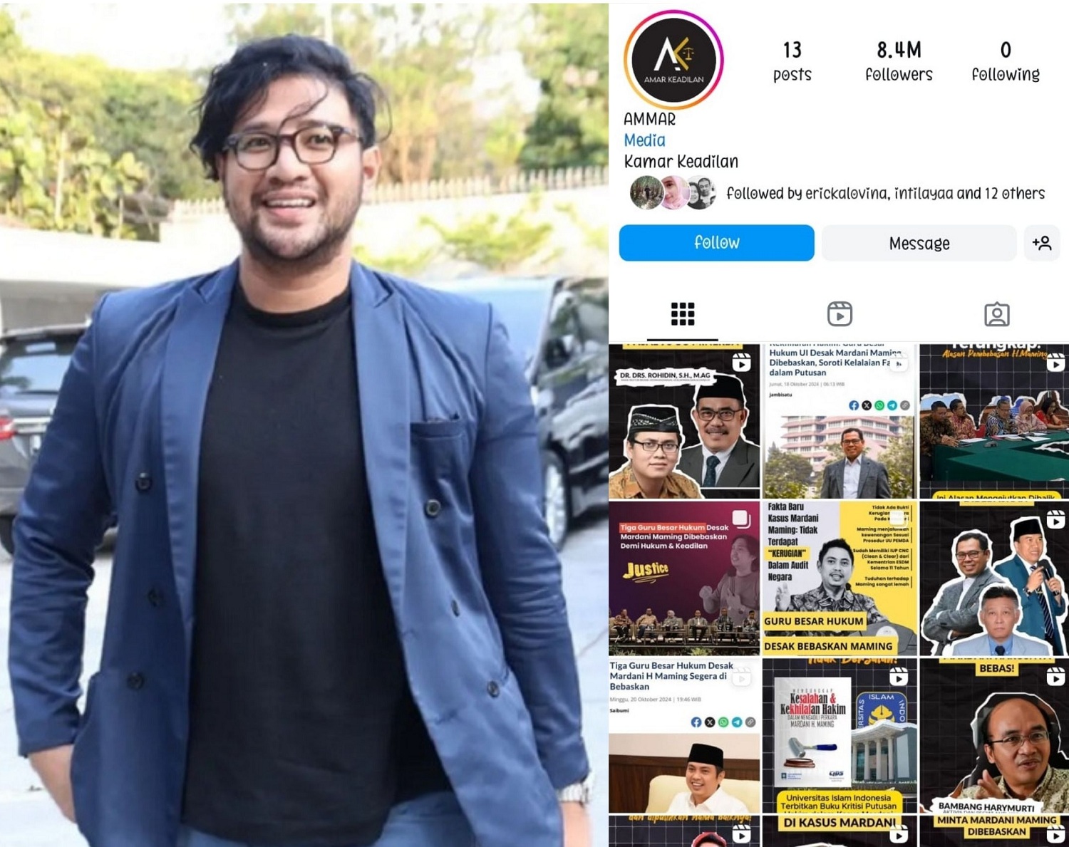 Ammar Zoni (kiri), tampilan terbaru akun Instagram Ammar Zoni yang berisi unggahan mengenai hukum.