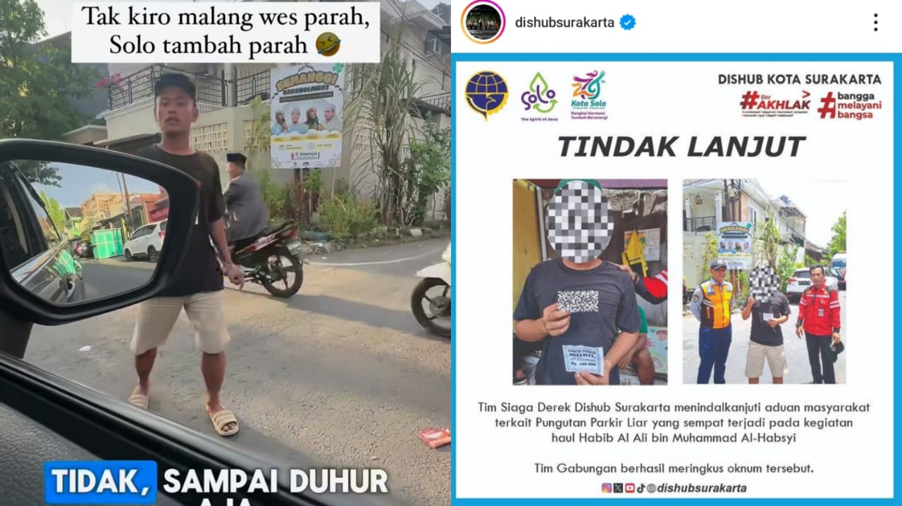 NGELAMAK: Aksi juru parkir di Solo yang patok tarif Rp100ribu ke pengendara mobil dan momen pelaku yang diamankan oleh Dishub Surakarta.