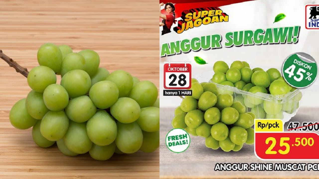 Penampakan anggur Shine Muscat dan pamflet promo anggur Shine Muscat yang ada di salah satu supermarket di Jakarta.