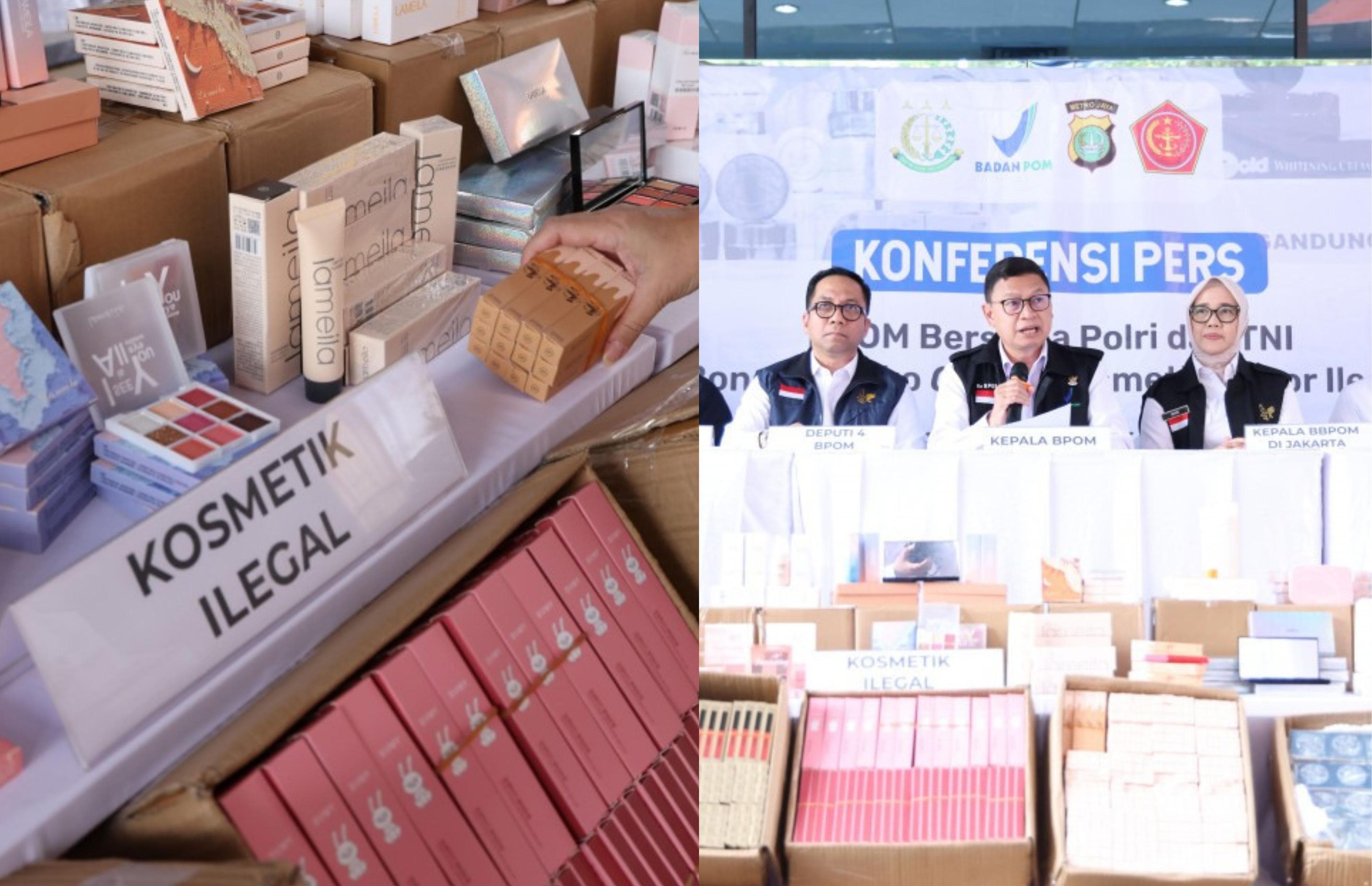 Barang bukti kosmetik ilegal yang berhasil diamankan BPOM saat melakukan penggerebekan kosmetik impor ilegal di Jakarta.