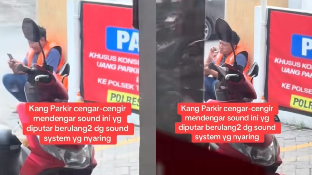 NYANTUY: Disindir melalui pengeras suara, juru parkir ini malah cengar-cengir tak peduli.