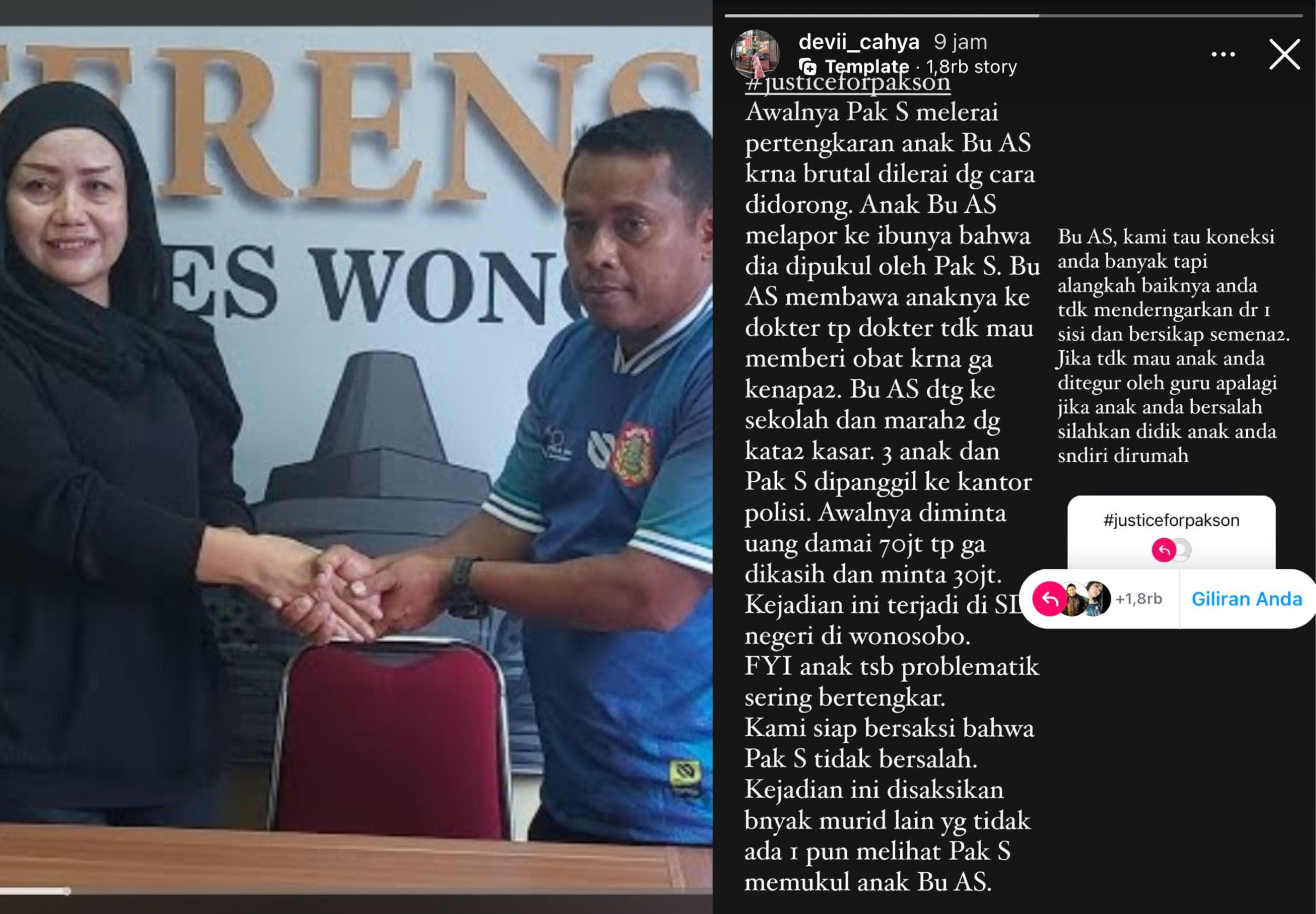 Konferensi pers yang dihadiri AS selaku orang tua dari anak A yang telah berdamai dengan guru MS (foto kiri) dan isi petisi justice for MS yang tersebar di media sosial.