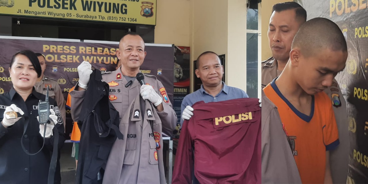 KETAHUAN: Kapolsek Wiyung Kompol Slamet Agus Sumbono saat merilis kasus penipuan dan penggelapan oleh tersangka yang mengaku polisi. Dan foto tersangka Rafael Axel Arya Andino yang diamankan petugas.