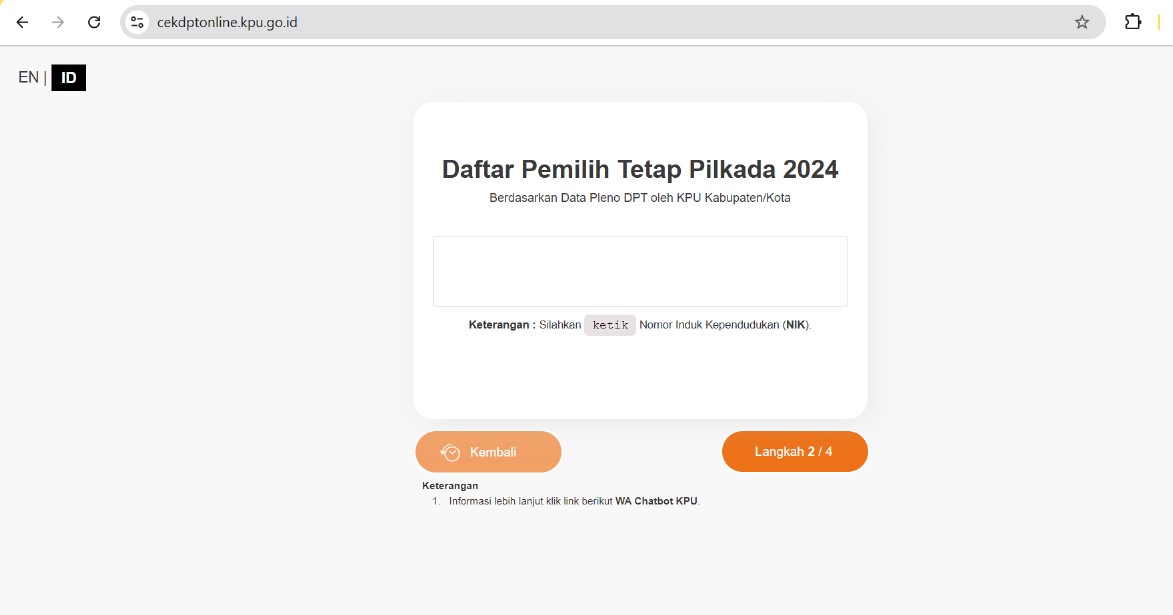 Tangkapan layar laman resmi KPU untuk cek DPT online Pilkada 2024.