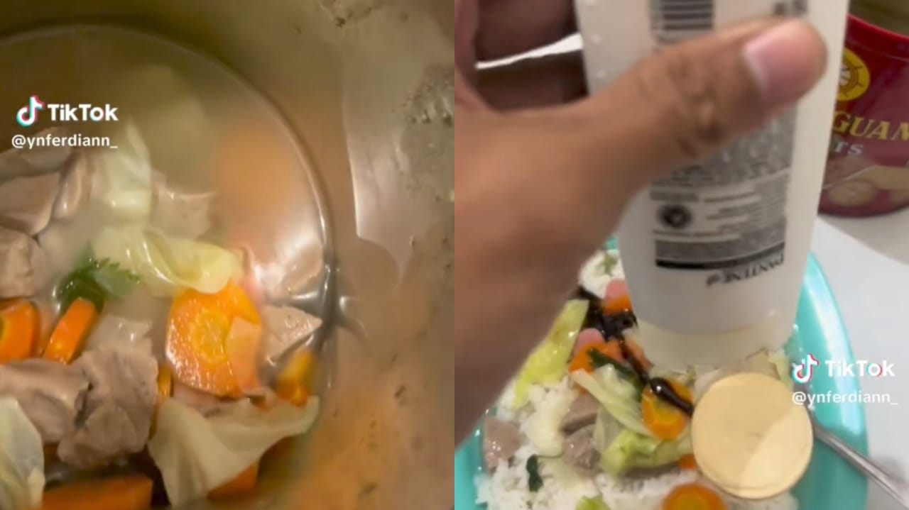 Video viral dari pengguna TikTok yang menampakkan kaleng biskuit dijadikan wadah sayur sop dan botol shampoo sebagai botol kecap.