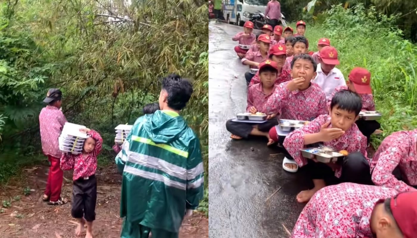 Momen siswa SD di Sukabumi makan siang gratis di pinggir jalan.