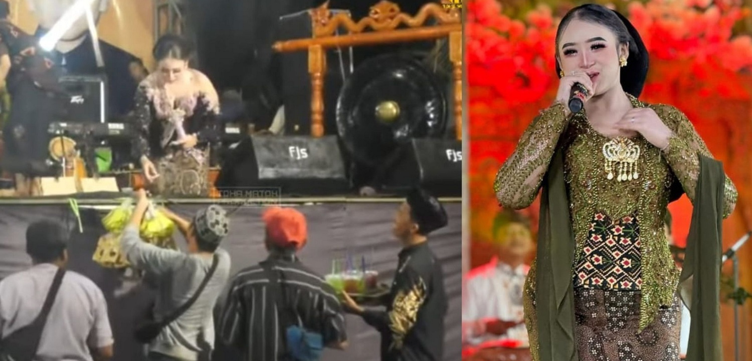Penyanyi dangdut dan sinden Niken Salindry. Tangkapan layar video Niken saat memborong dagangan penjual (foto kiri).