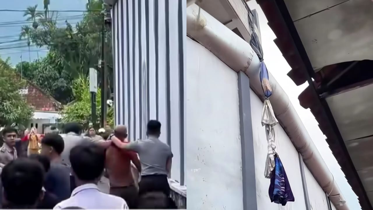 Tangkapan layar video penangkapan napi kabur (foto kiri) dan simpul lima sarung yang digunakan napi untuk kabur (foto kanan).