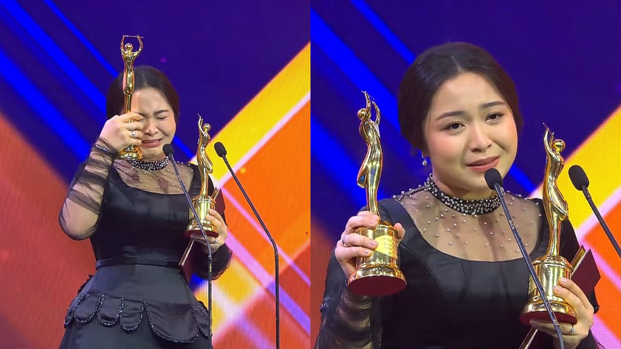 Momen Bernadya nangis saat mendapat tiga penghargaan sekaligus di AMI Awards 2024.