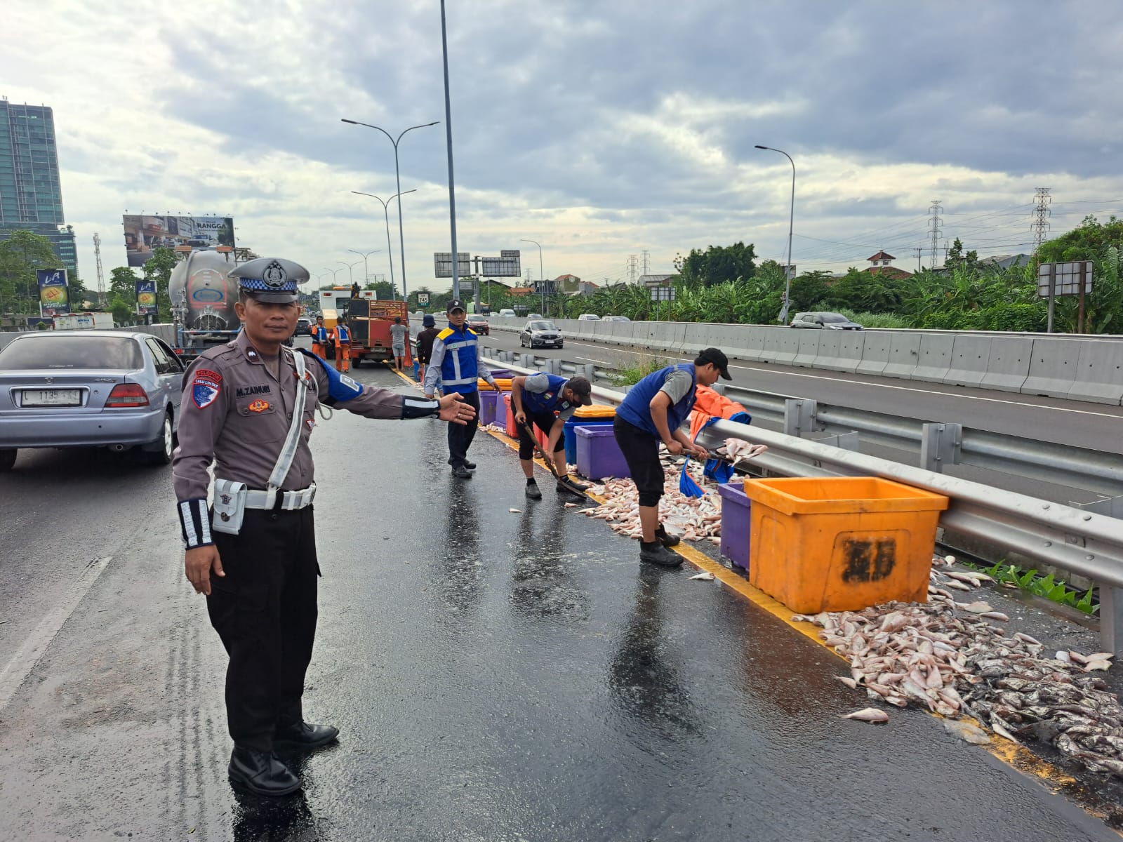 Mobil pikap muatan ikan terguling di KM 745+000 A ruas Tol Surabaya-Mojokerto muatan ikan tumpah di jalan, Senin (9/12). (IST)