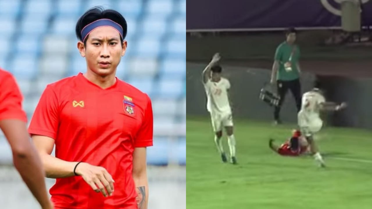 Hein Phyo Win dan aksinya menendang bola ke kepala Marselino Ferdinan saat matchday perdana Grup B ASEAN Mitsubishi Electric Cup 2024, Indonesia vs Myanmar.