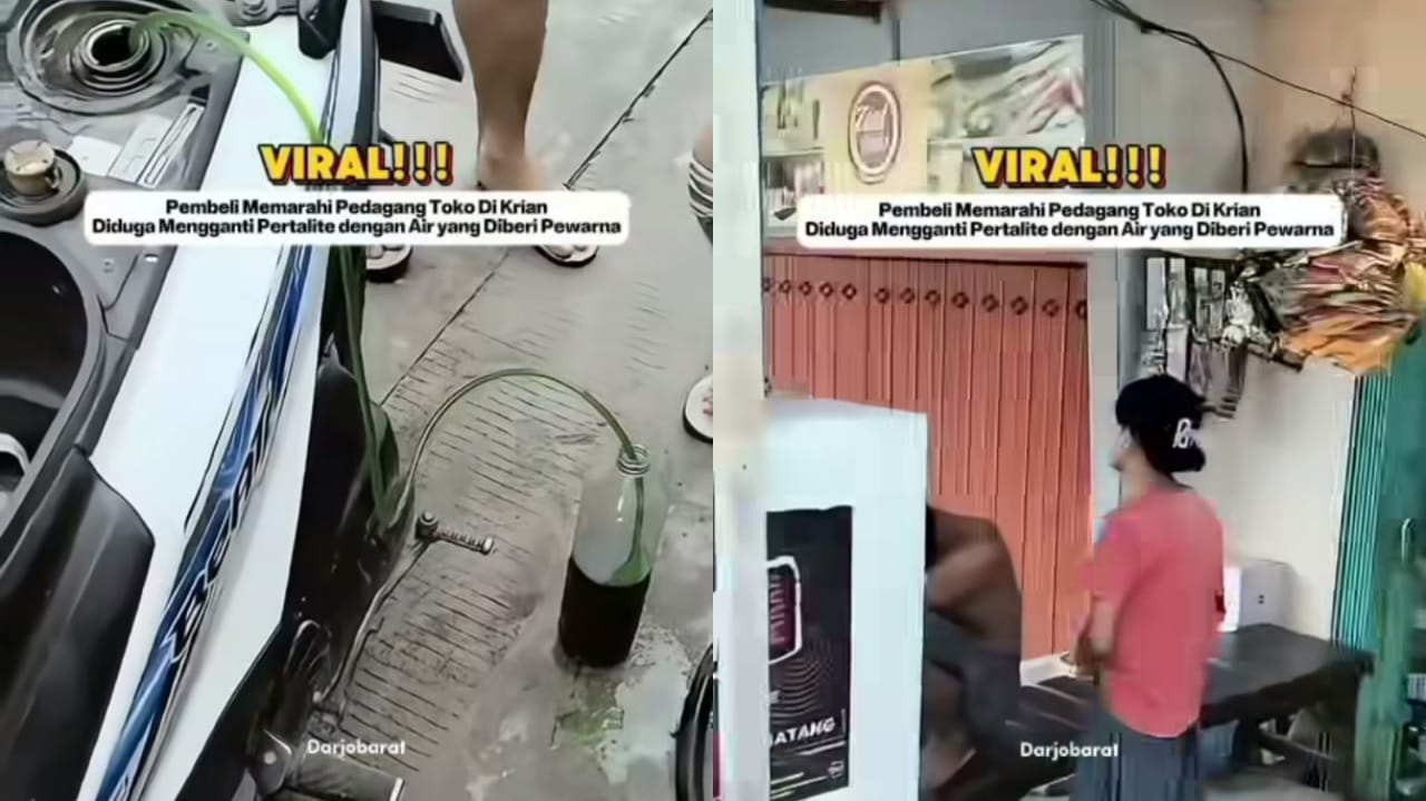 Pembeli bensin di Krian Sidoarjo protes ternyata pertalite yang dibeli berisi air dicampur perwarna hijau.