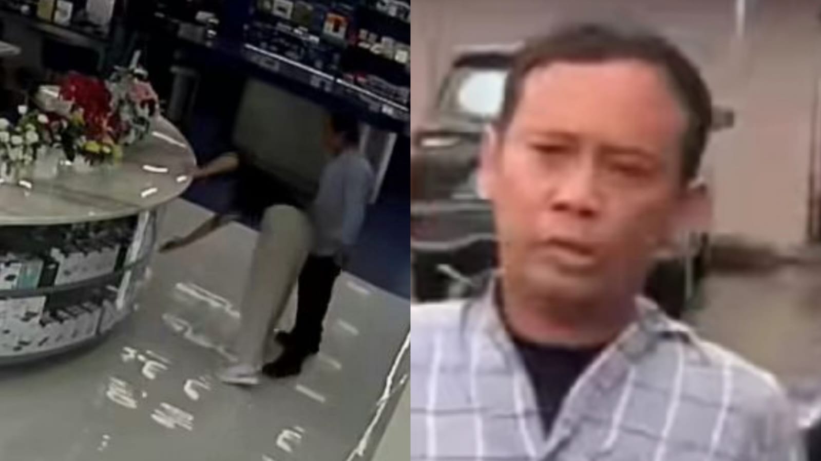 Tangkapan layar video rekaman CCTV pelaku pelecehan seksual (foto kiri) dan penangkapan pelaku pelecehan seksual (foto kanan).