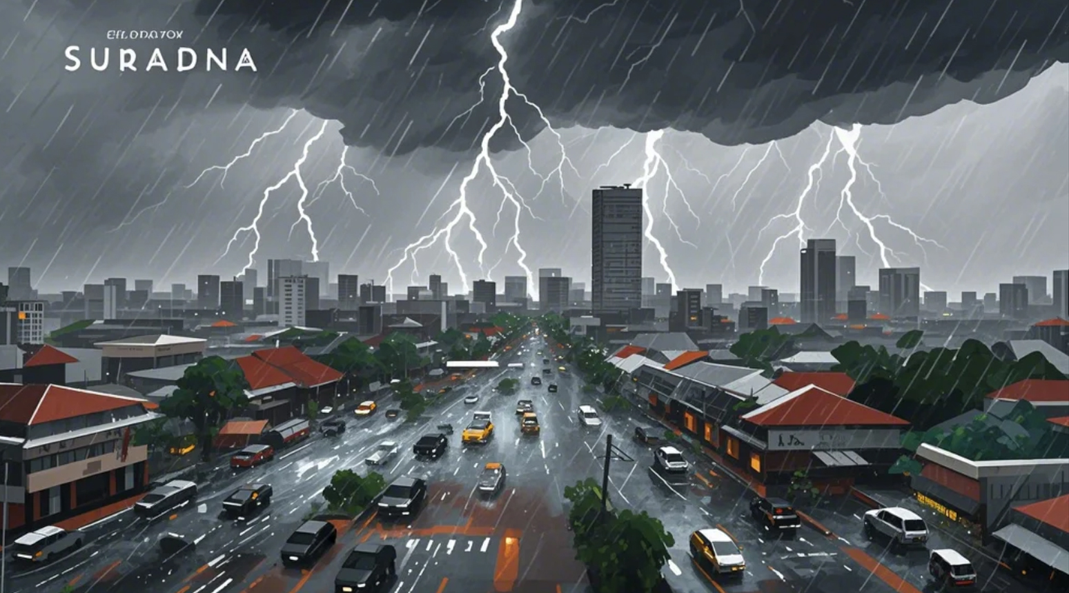 Ilustrasi cuaca ekstrem sebagai akibat fenomena La Nina pada musim hujan ini. (AI)