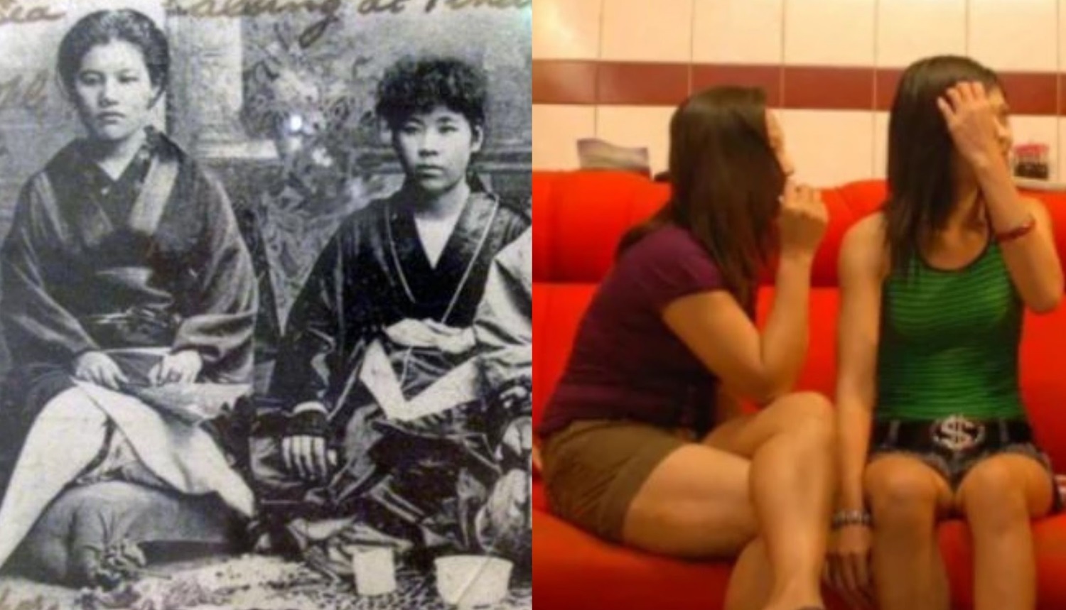 Karayuki-san menjadi praktek prostitusi di era panjajahan Jepang (foto kiri), PSK di lokalisasi Dolly sebelum ditutup total.