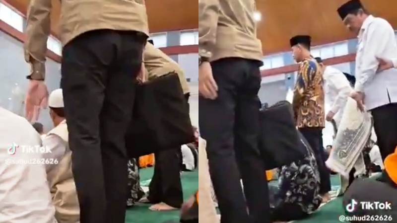 Momen Paspampres usir jamaah shaf depan di Masjid Raya Baiturrahman Semarang untuk memberikan ruang Gibran Rakabumin Raka menunaikan ibadah salat Jumat.