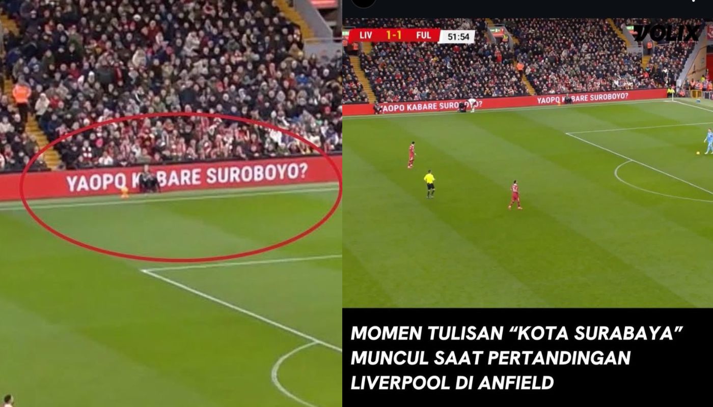 Sapaan khas "Yak Opo Kabare Suroboyo?" muncul di papan iklan digital Stadion Anfield Liverpool.