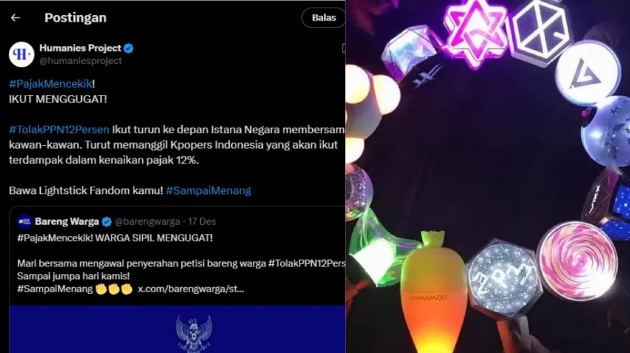 Ajakan turun jalan dalam demo tolak PPN 12 persen kepada para fans K-Pop dan foto lightstick berbagai fandom.