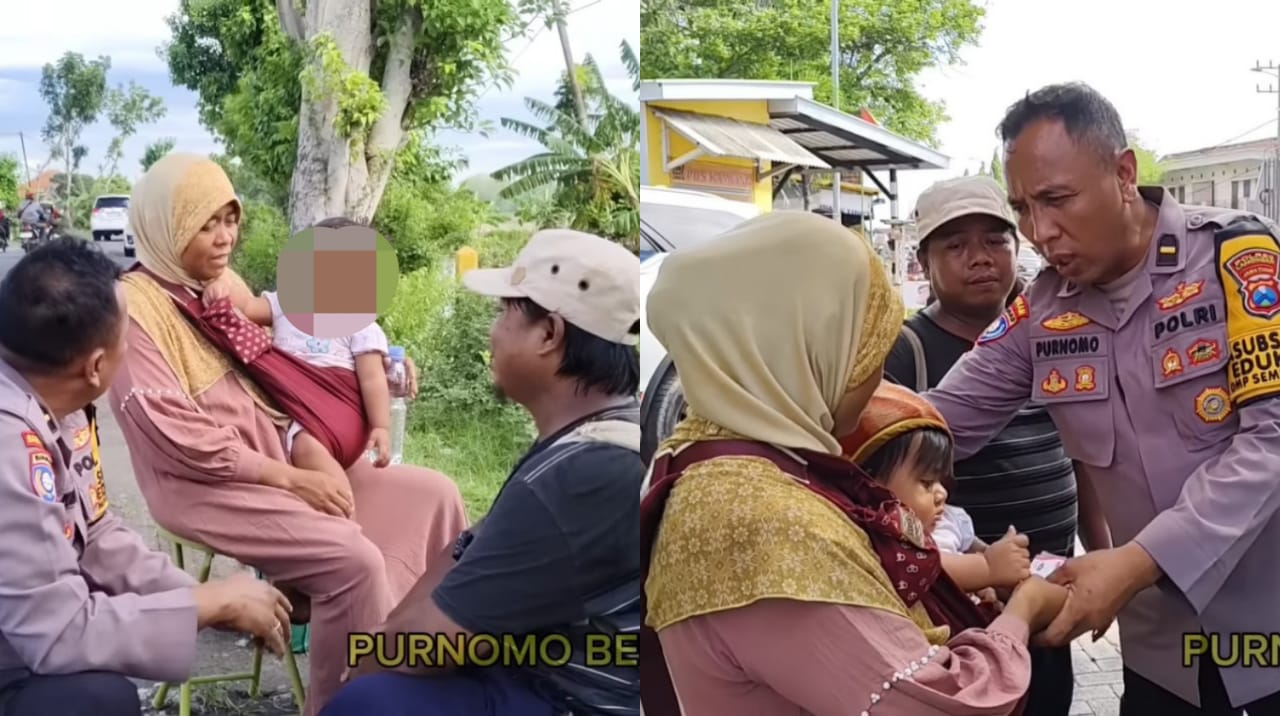 Pasutri Sugiarto dan Titik serta anak balitanya yang nekat jalan kaki dari Semarang ke Banyuwangi demi mencari pekerjaan bertemu dengan Ipda Purnomo dari Polres Lamongan.
