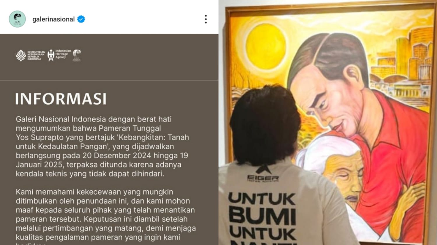 BATAL: Pernyataan pembatalan pameran tunggal Yos Suprapto oleh Galeri Nasional dan penampakan lukisan mirip Jokowi yang diduga jadi alasan pembatalan pameran tersebut.