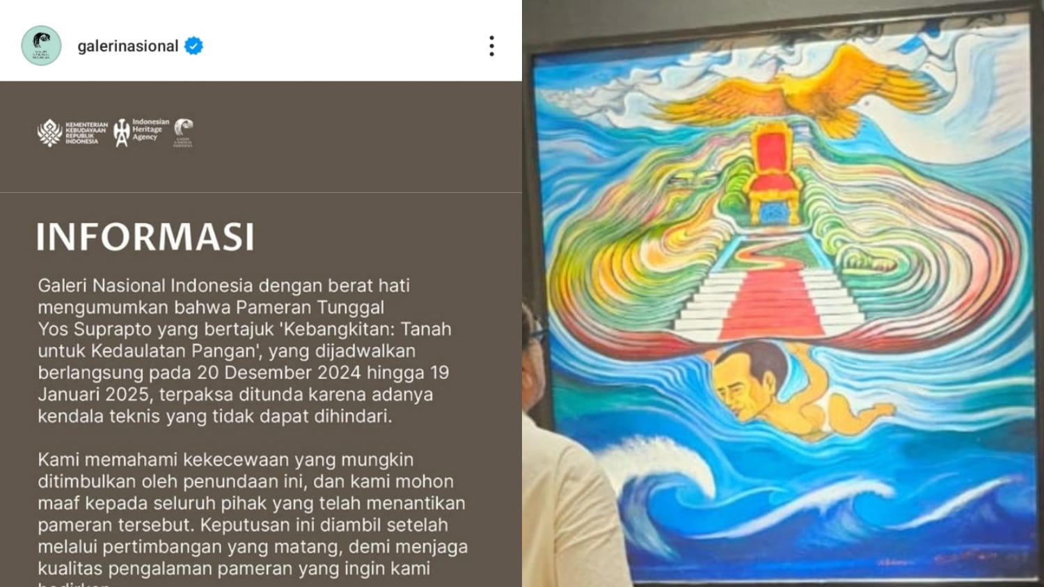 BATAL: Pernyataan pembatalan pameran tunggal Yos Suprapto oleh Galeri Nasional dan penampakan lukisan mirip Jokowi yang diduga jadi alasan pembatalan pameran tersebut.
