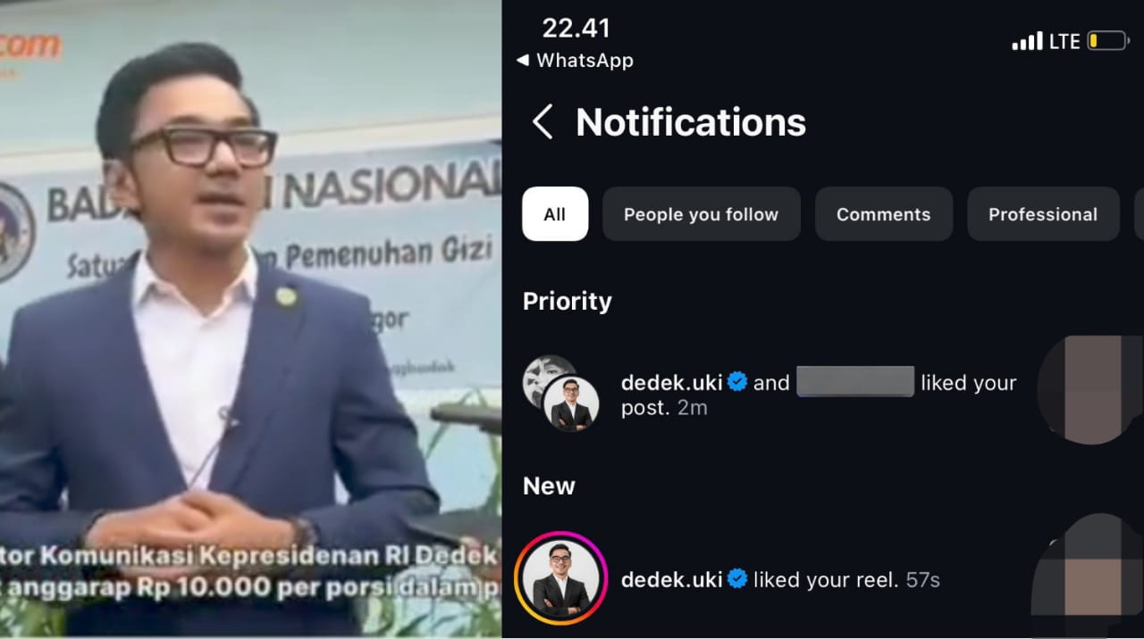 Momen Dedek Prayudi saat melakukan konferensi pers sebagai jubir Kantor Kepresidenan Prabowo Subianto (foto kiri) dan bukti tangkap layar ia yang sering like foto dan video wanita seksi di medsosnya.