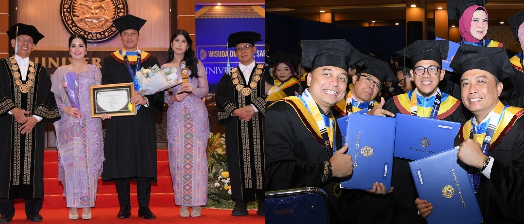 JADI PERHATIAN: Menko Bidang Infrastruktur dan Pembangunan Kewilayahan Agus Harimurti Yudhoyono dan Wali Kota Surabaya Eri Cahyadi saat diwisuda di Unair, Minggu (22/12).