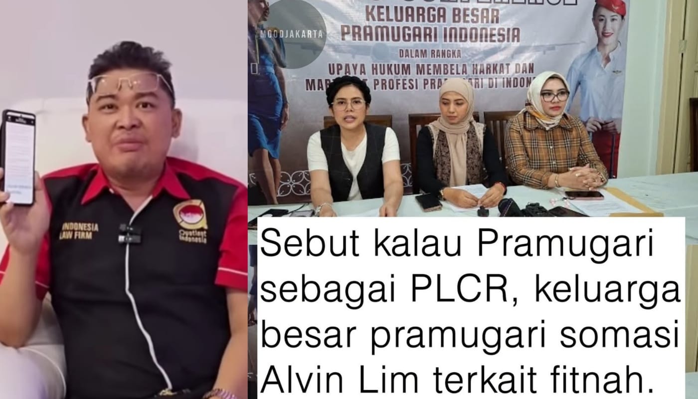 Konferensi pers Keluarga Besar Pramugari Indonesia yang mensomasi Alvin Lim digelar di Jakarta Selatan (foto kanan) dan Alvin Lim saat melecehkan profesi Pramugari di Youtubenya (foto kiri).