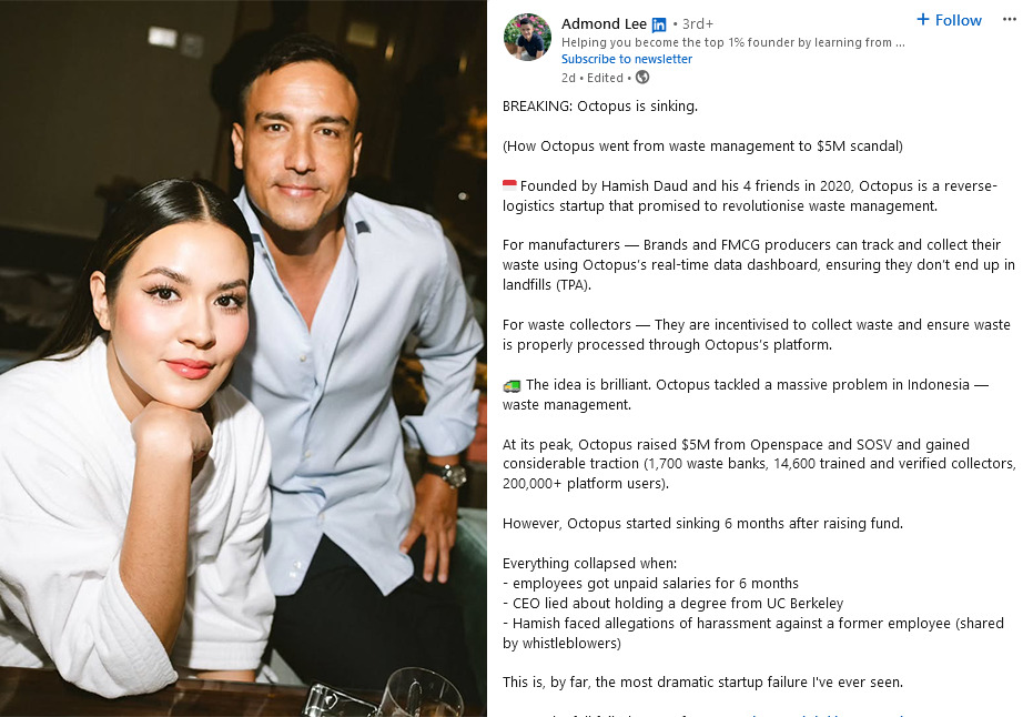 Hamish Daud bersama istri Raisa (foto kiri) dan unggahan di LinkedIn oleh Admond Lee (foto kanan).