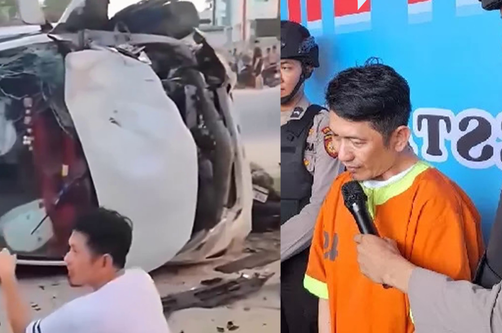 Tersangka pengemudi mobil Toyota Calya putih, Antoni Romansyah di konferensi pers Mapolresta Pekanbaru, Kamis (2/1), dan kondisi mobil Calya putih yang ringsek di bagian depan.
