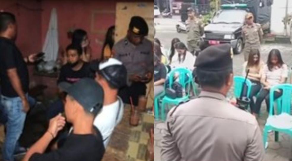 Petugas saat mengamankan dan mendata para pengunjung dan para pelayan wanita muda di Warung Cetol Pasar Gondanglegi Malang.