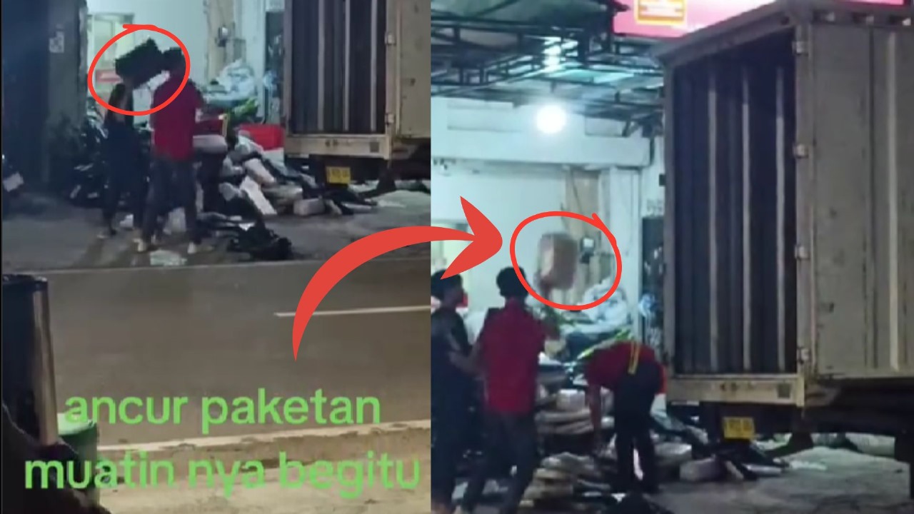 Viral video menampilkan petugas ekspedisi main lempar paket ke dalam truk.