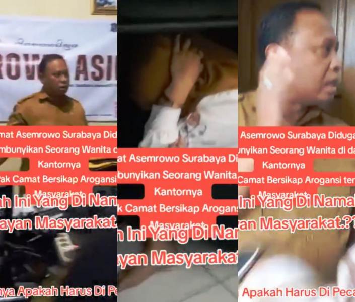 Camat Asemrowo Muhammad Khusnul Amin blingsatan ketahuan warga menyembunyikan seorang wanita di bawah meja kerjanya.