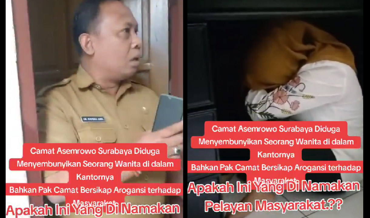 Camat Asemrowo Muhammad Khusnul Amin yang ketahuan menyembunyikan wanita di bawah meja kerjanya dan berdalih sedang rapat.