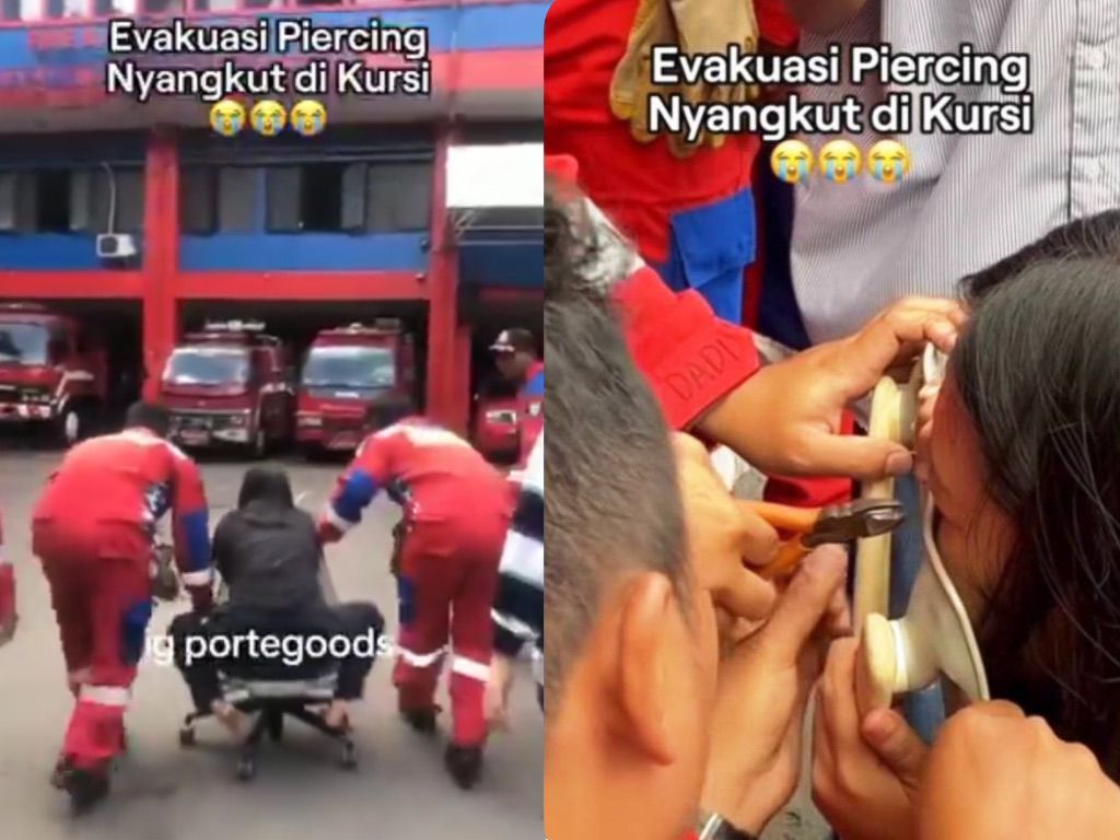 Momen sang wanita dibawa ke kantor Damkar Bandung lengkap dengan kursi yang menjepit piercing alias tindik di hidungnya.