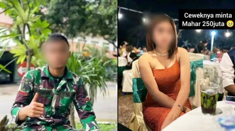 Pratu AT (kiri) yang diduga bunuh diri akibat tuntutan mahar Rp250 juta oleh keluarga pacarnya, MM (kanan).