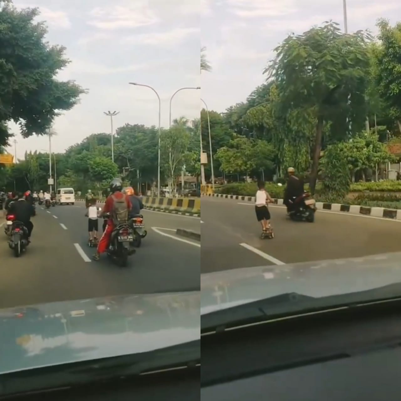 Aksi seorang bocah bermain skuter di depan Kantor Wali Kota Jakarta Timur pada Minggu (12/1).