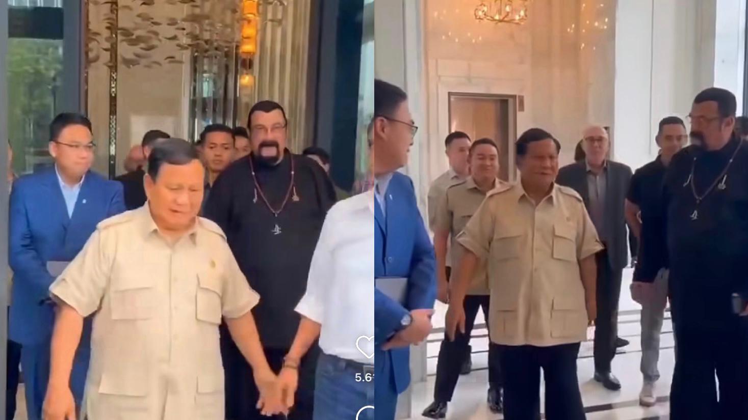 Prabowo didampingi Wamen Komdigi Angga Raka Prabowo (baju biru) saat bertemu Steven Seagal.