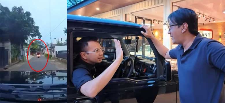 Raffi Ahmad saat memamerkan Suzuki Jimny 5 pintunya kepada Andre Taulany dengan kawalan Patwal polisi.