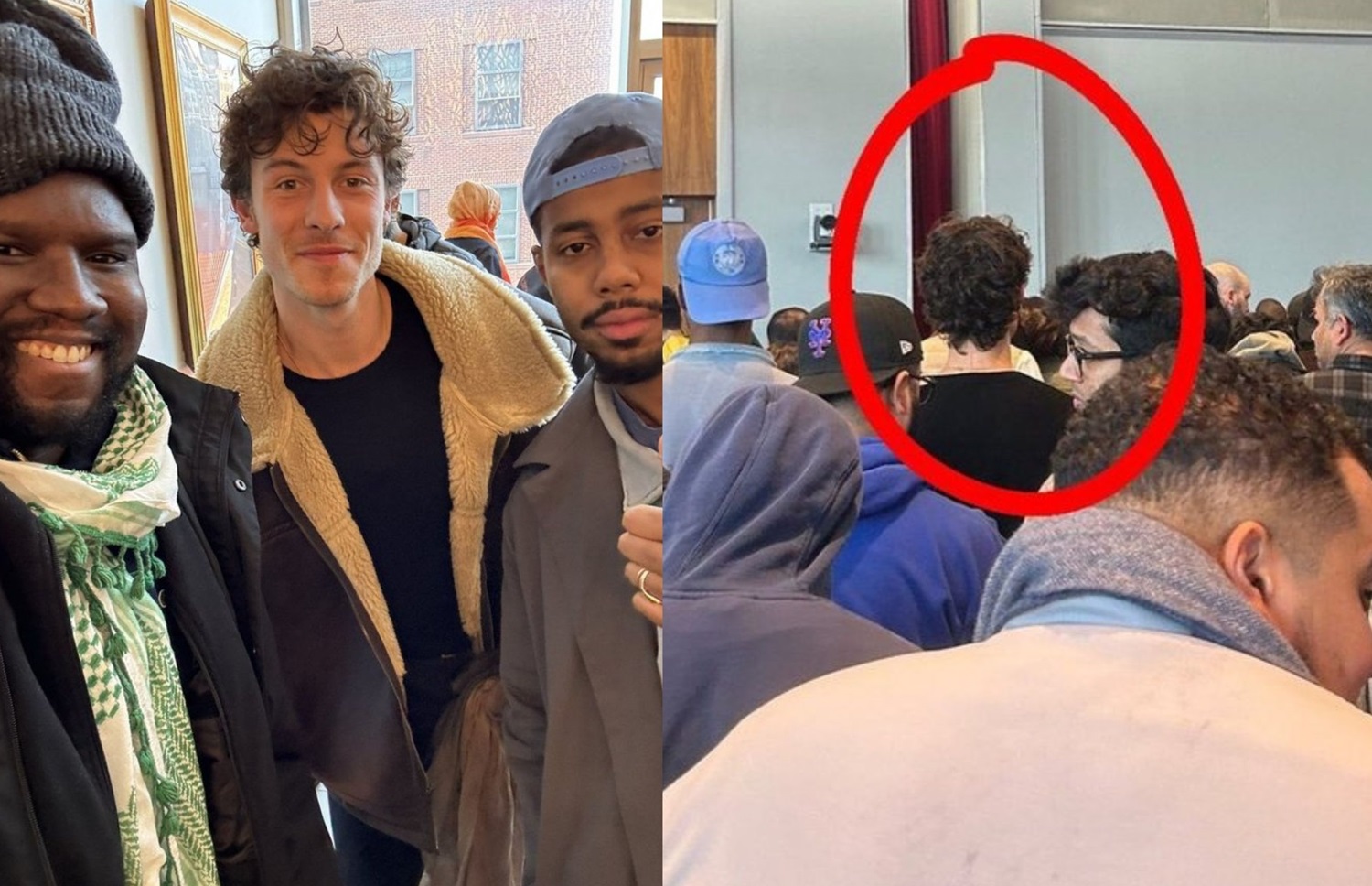 Shawn Mendes diajak berfoto bersama jamaah lain yang berada di New York University. Shawn Mendes tampak mendengarkan khutbah.