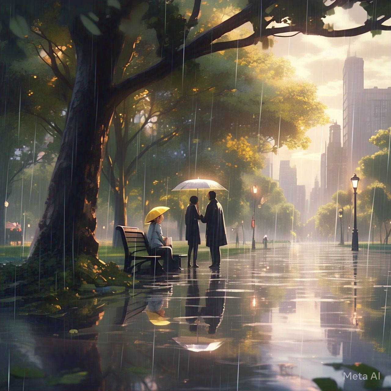 Ilustrasi hujan deras di taman kota. (AI)