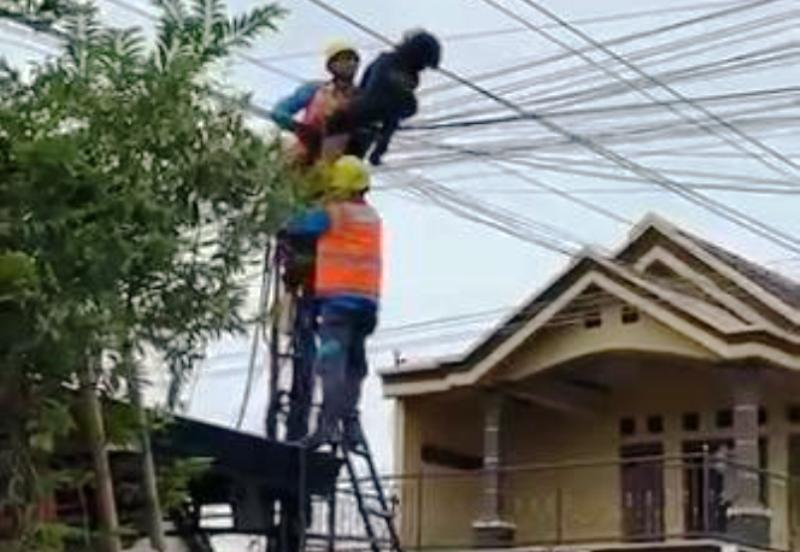 Tangkapan layar video amatir yang menunjukan proses evakuasi MFR, 20, korban tersengat arus listrik di Kecamatan Prambon, Nganjuk.