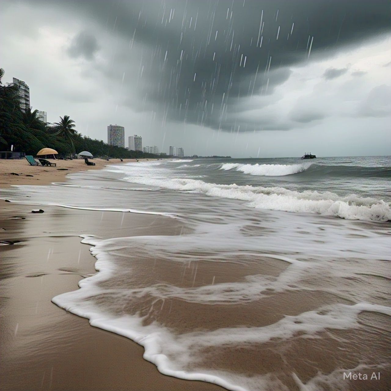 Ilustrasi cuaca mendung di pantai. (META AI)