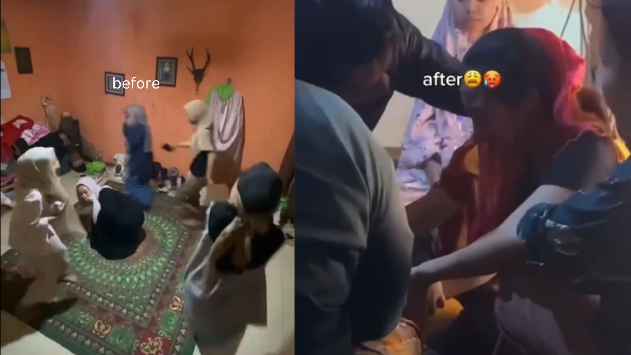 Situasi rumah penginapan mahasiswi KKN yang berujung kesurupan setelah bermain petak umpet.