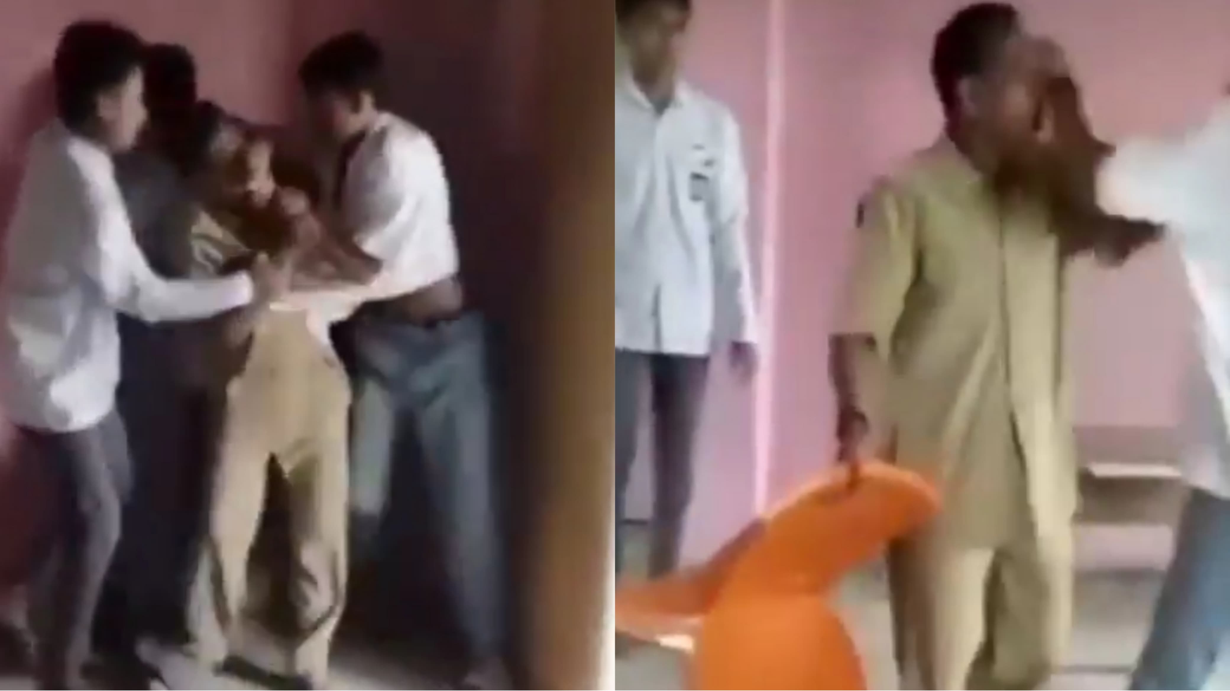 Tangkapan layar aksi tiga orang siswa SMA mengeroyok guru di dalam kelas.