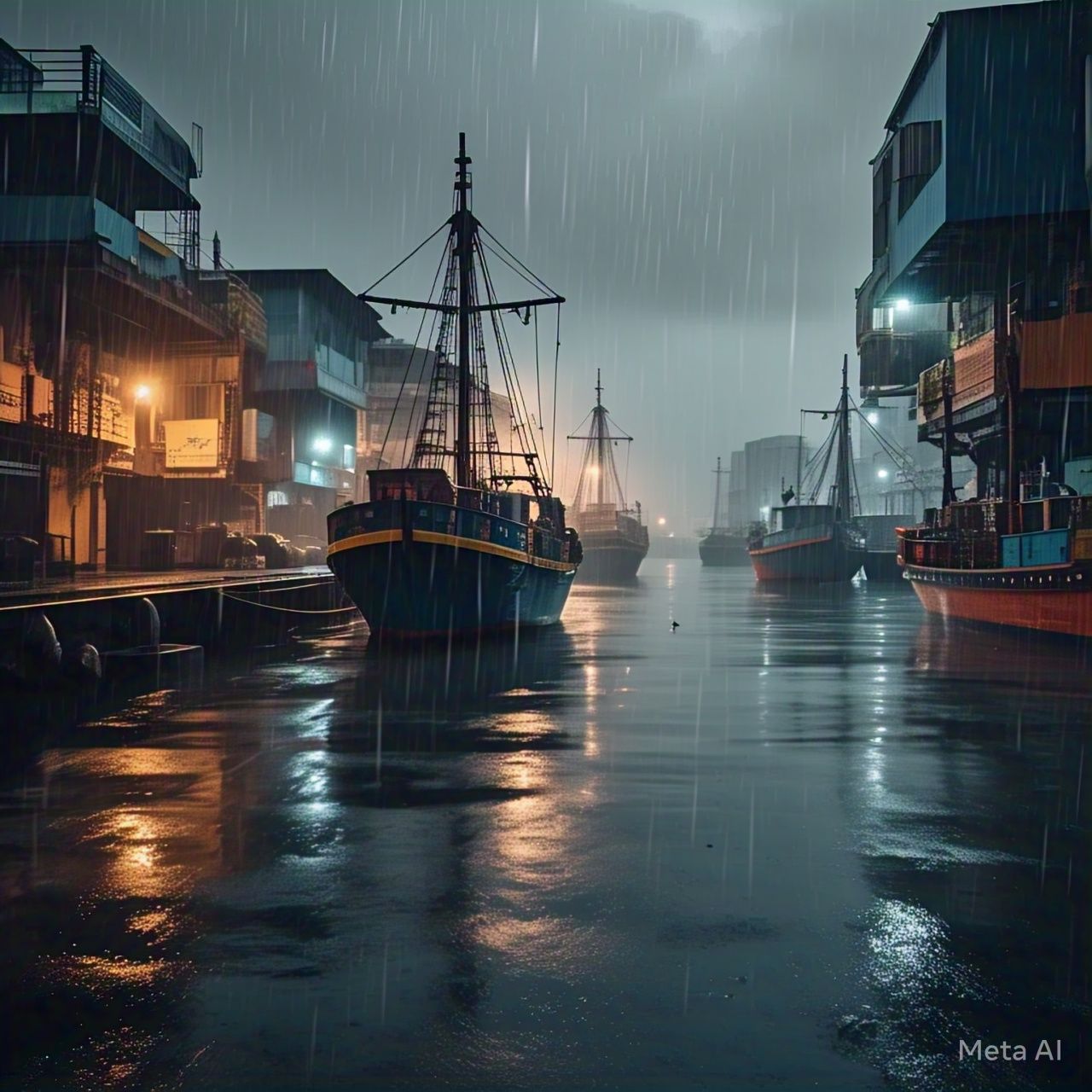 Ilustrasi hujan di kawasan pelabuhan. (AI)