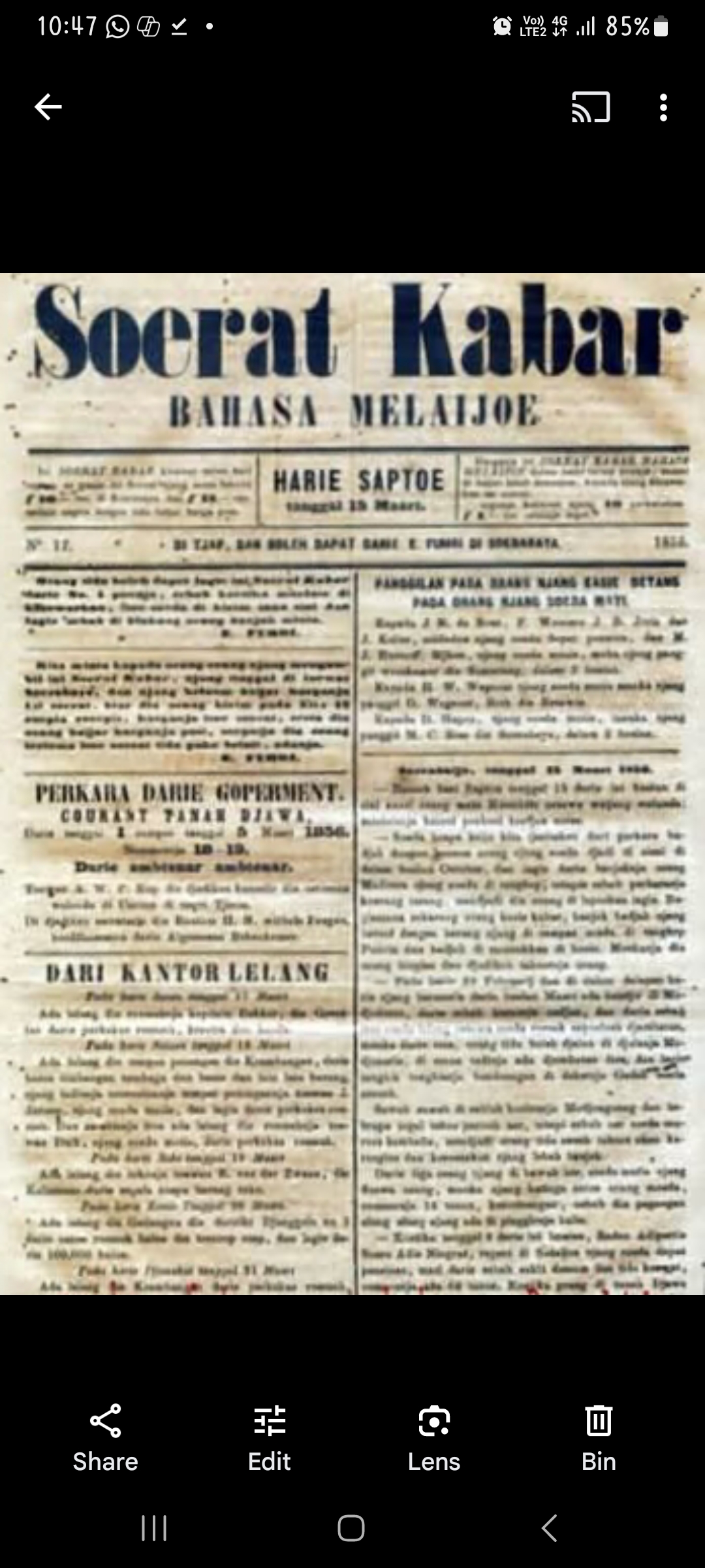 Salah satu surat kabar berbahasa Melayu di era Hindia Belanda