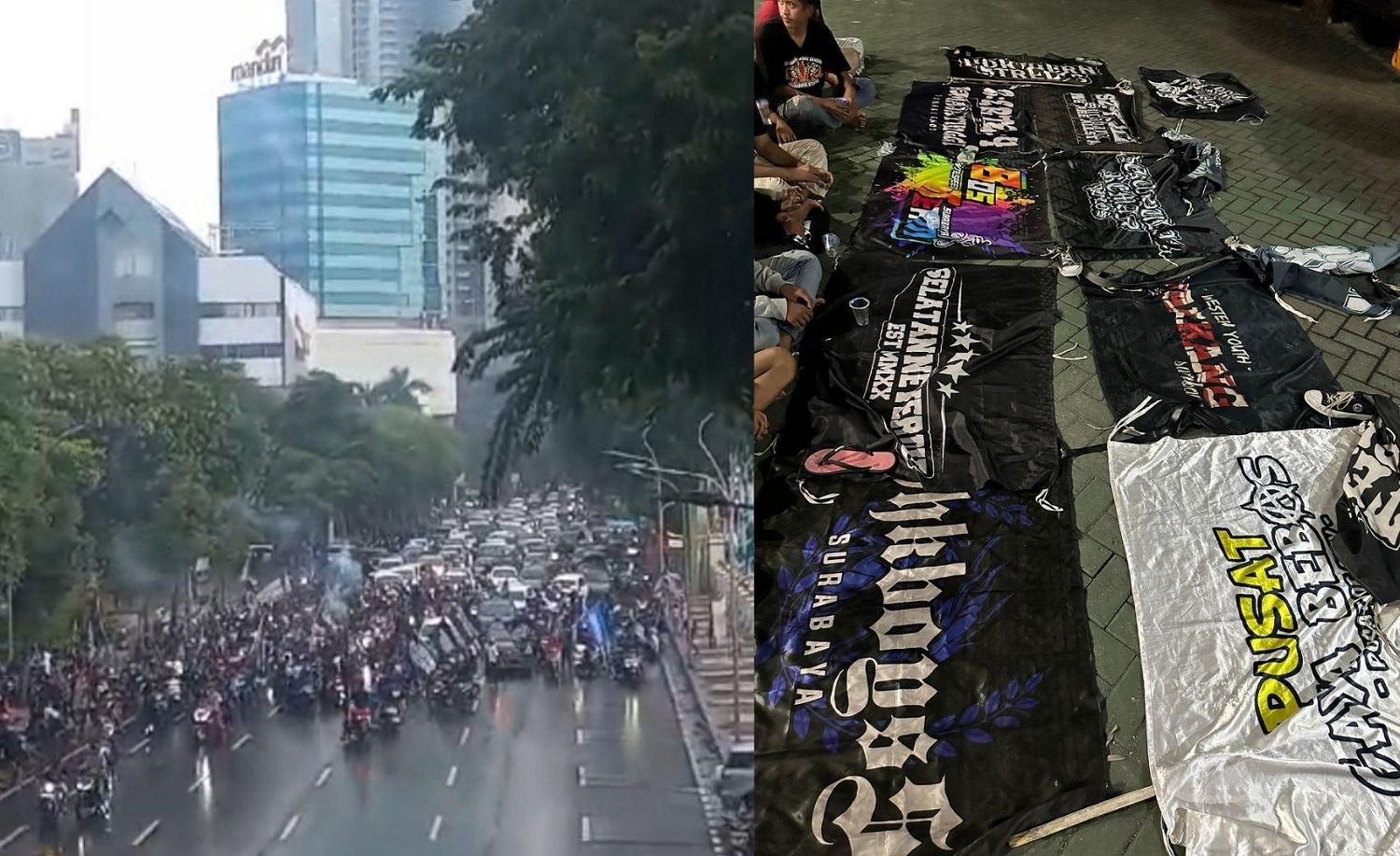Aksi anggota gangster yang konvoi dan menutup Jalan Gubernur Suryo (foto kiri). Atribut bendera gangster yang diamankan (foto kanan).