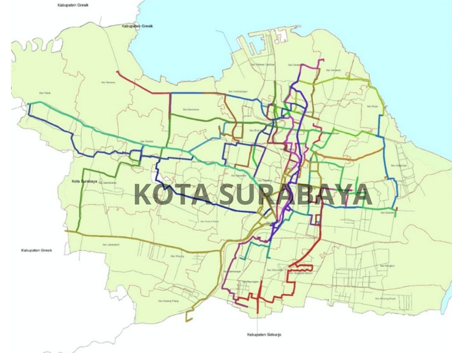 Ilustrasi peta jaringan transportasi kota Surabaya.