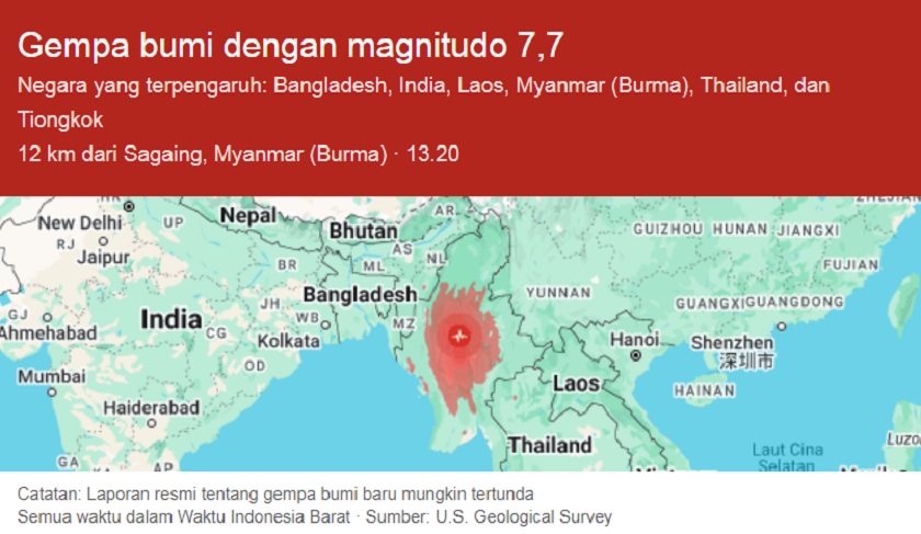 Myanmar diguncang gempa bumi berkekuatan Magnitudo 7,7 yang berpusat di kedalaman 10 kilometer.